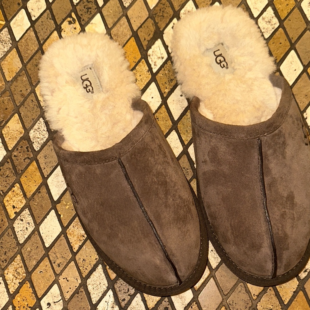 UGG Tan Suede Slippers with White Fur Lining
